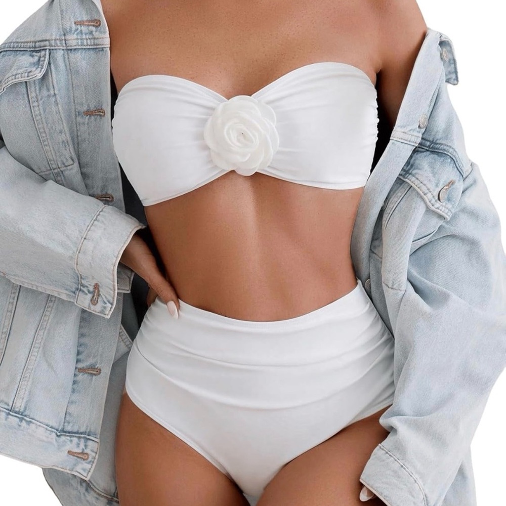 Amazon Two Piece Bandeau with Rose High Rise White Bikini Bottom